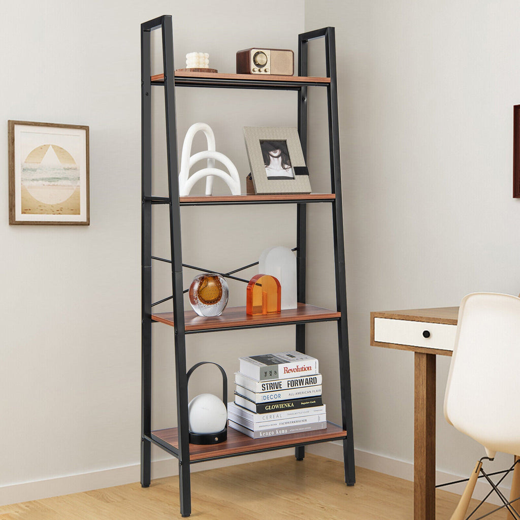 4-Tier Freestanding Open Bookshelf with Metal Frame and Anti-toppling Device-Rustic Brown