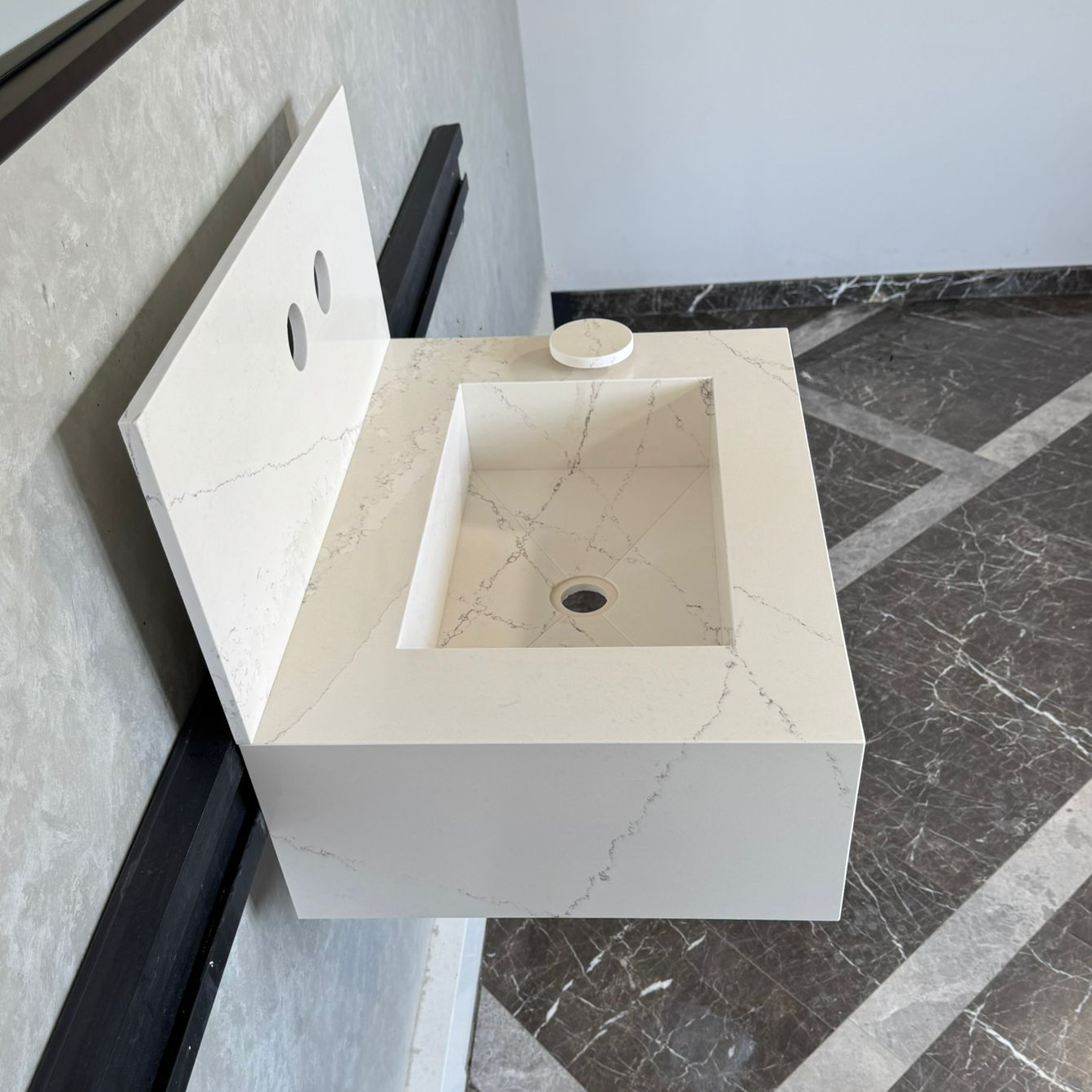 Engineered Quartz Bathroom Vessel Sink Handmade Modern Design Integrated Countertop
