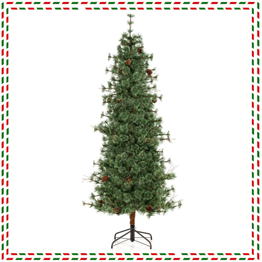 6/7/8 Feet Artificial Christmas Tree Pre-lit Hinged Xmas Tree with Warm White LED Lights and Pine Cones