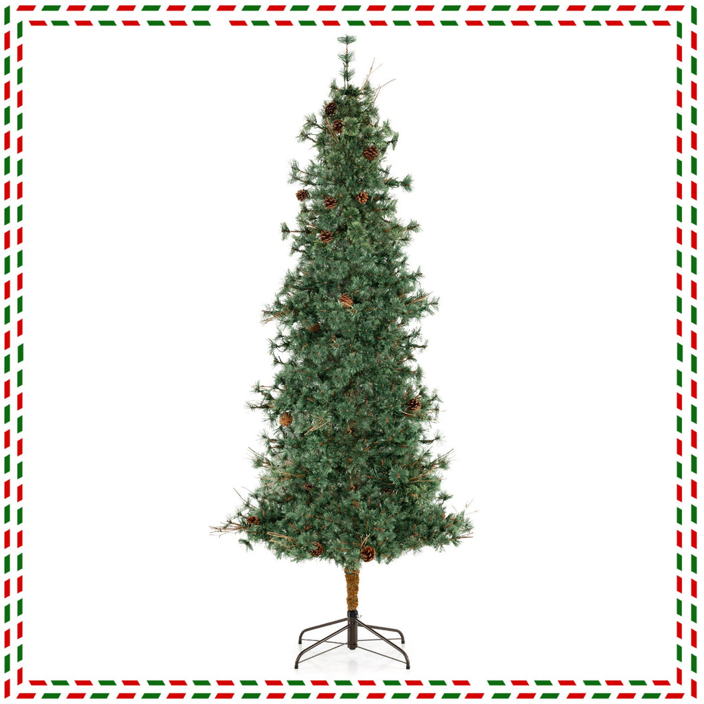 6/7/8 Feet Artificial Christmas Tree Pre-lit Hinged Xmas Tree with Warm White LED Lights and Pine Cones