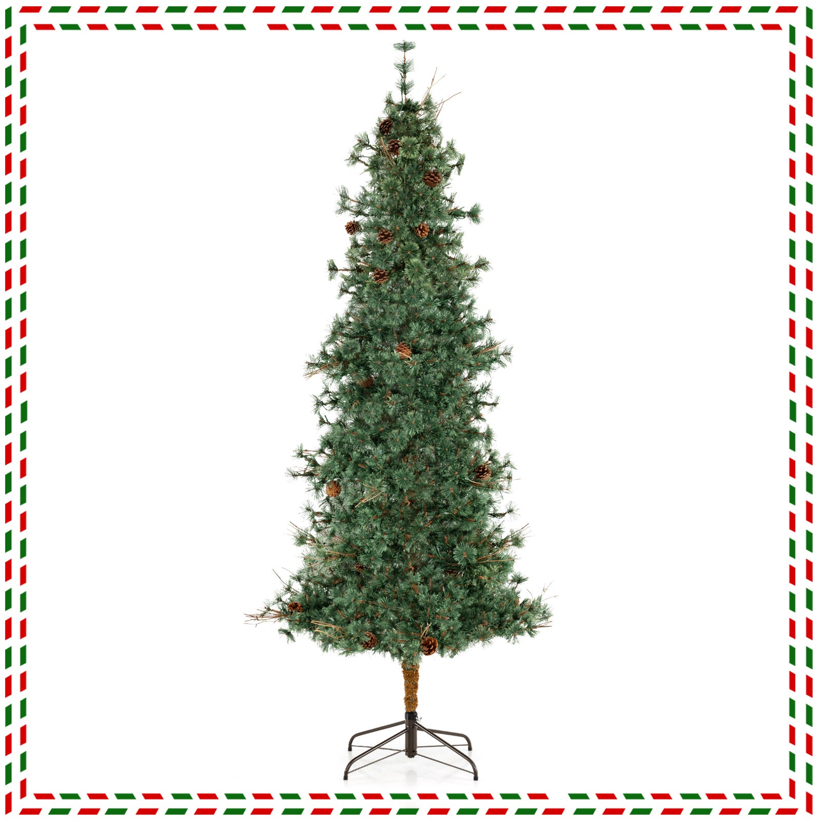 6/7/8 Feet Artificial Christmas Tree Pre-lit Hinged Xmas Tree with Warm White LED Lights and Pine Cones