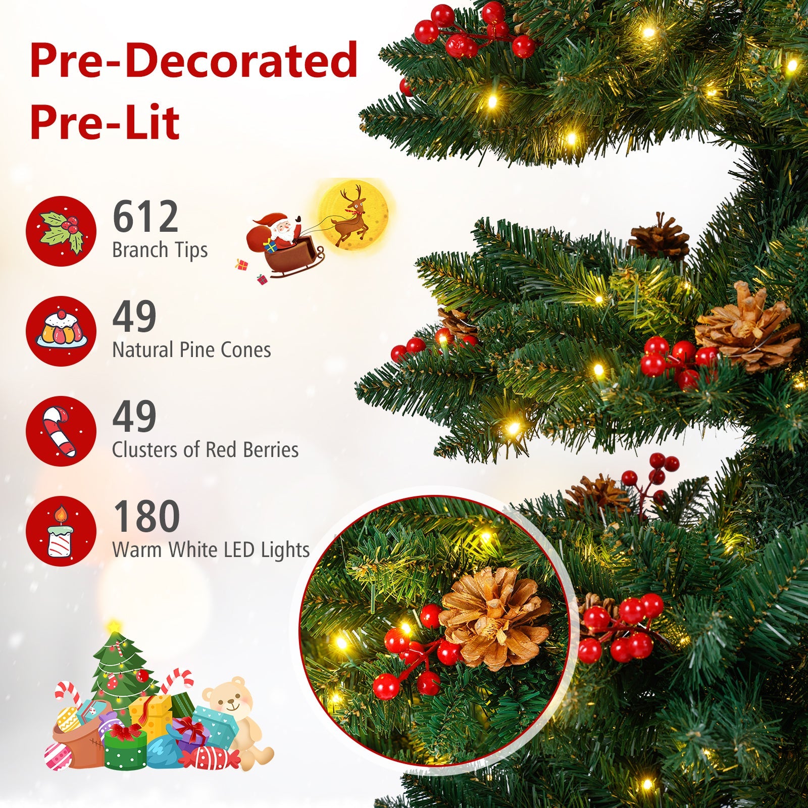 6/7 FT Pre-Lit Artificial Christmas Tree Spiral Holiday Tree with 612/791 Branch Tips and 8 Modes
