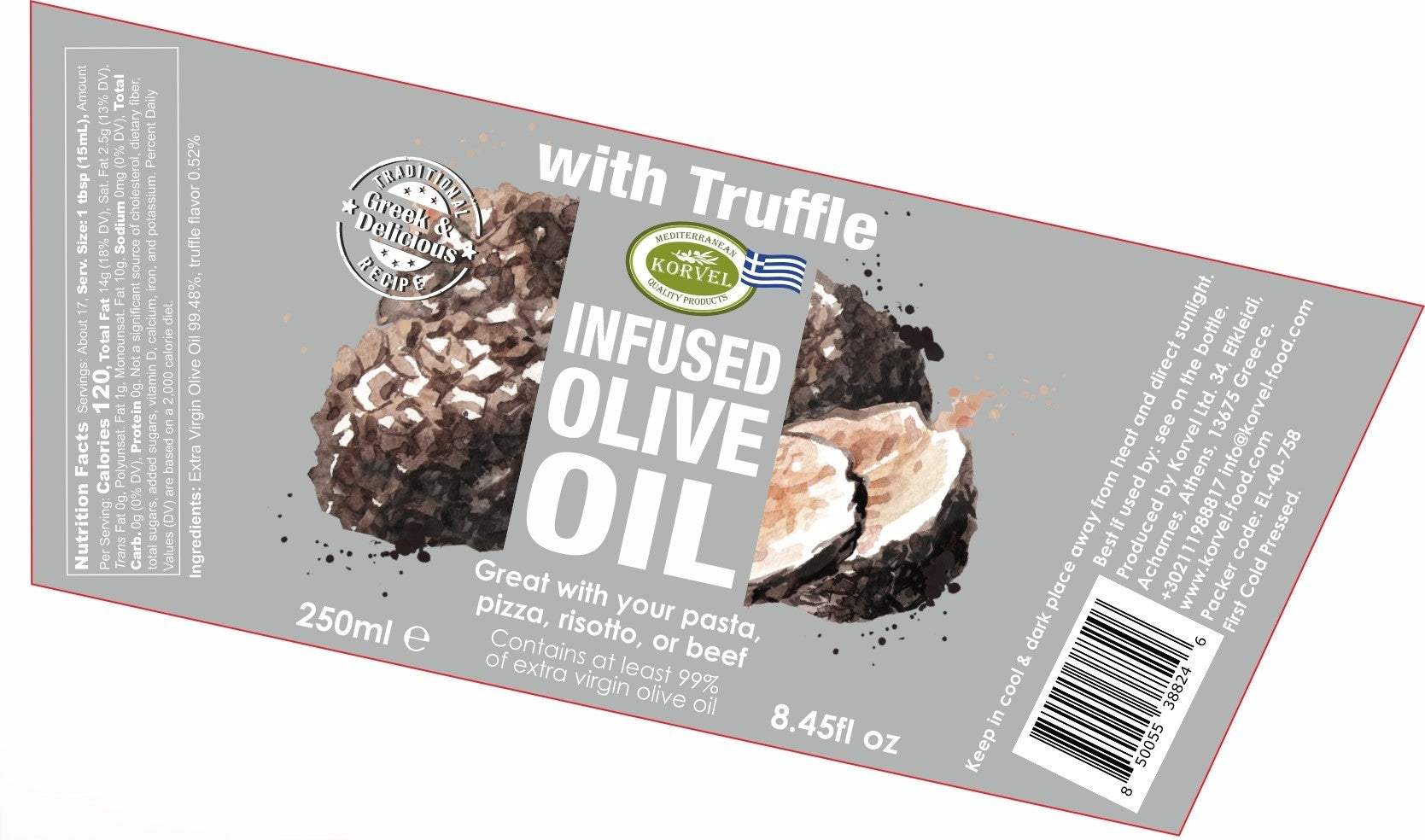 KORVEL Greek Extra Virgin Olive Oil with Truffle - 8.45 fl oz (250ml) - 2 Pack