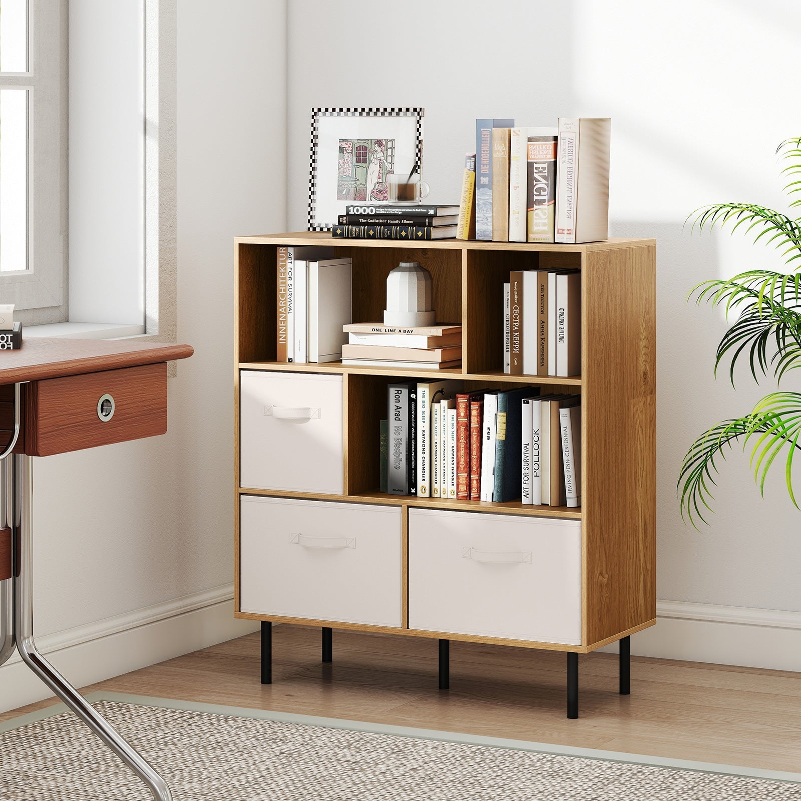 6-Cube Bookshelf with 3 Removable Folding Fabric Drawers for Living Room