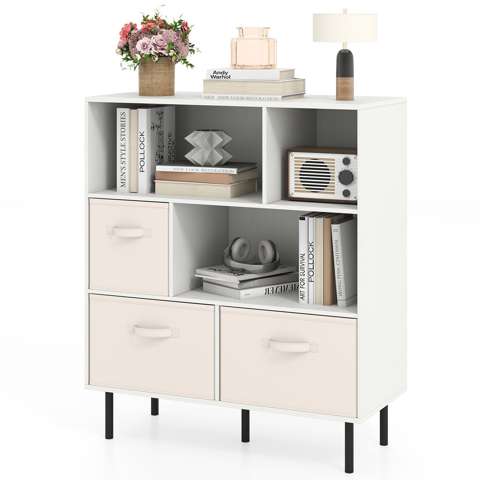 6-Cube Bookshelf with 3 Removable Folding Fabric Drawers for Living Room
