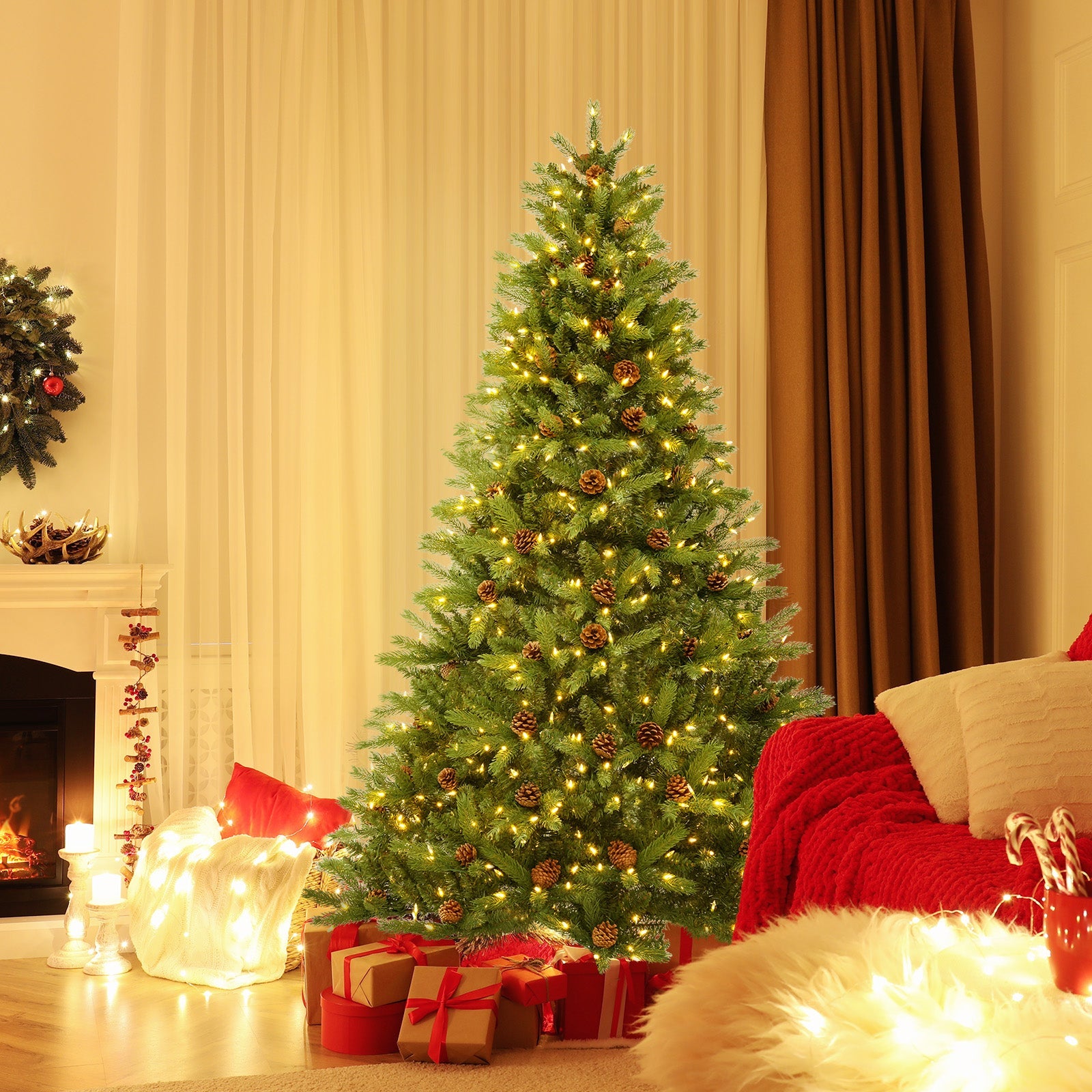 6/7 FT Artificial Christmas Tree with Pine Cones and Adjustable Brightness