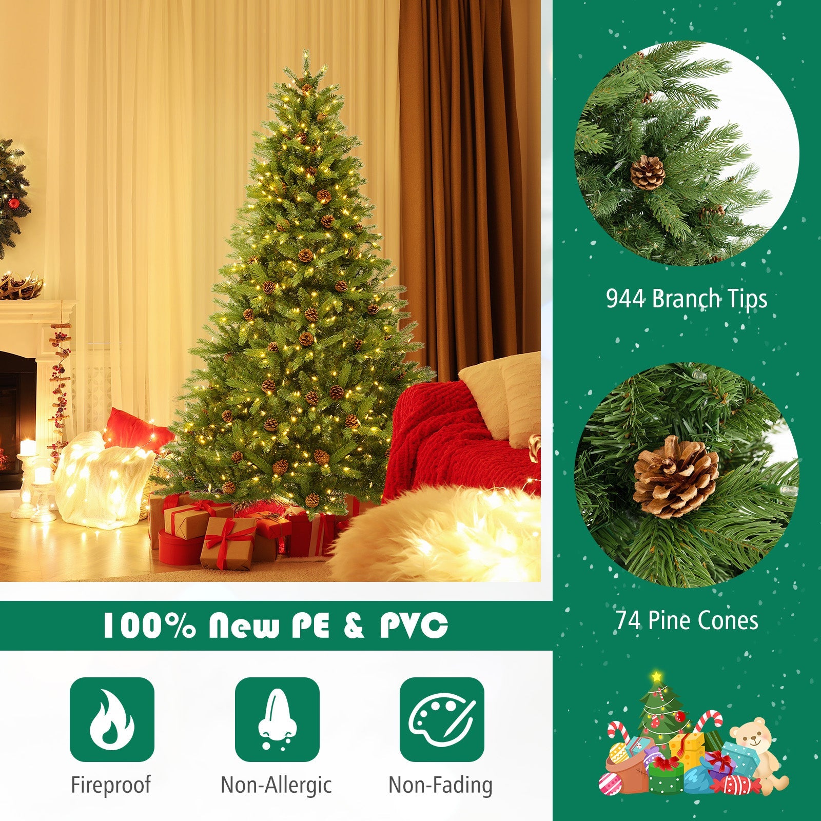 6/7 FT Artificial Christmas Tree with Pine Cones and Adjustable Brightness