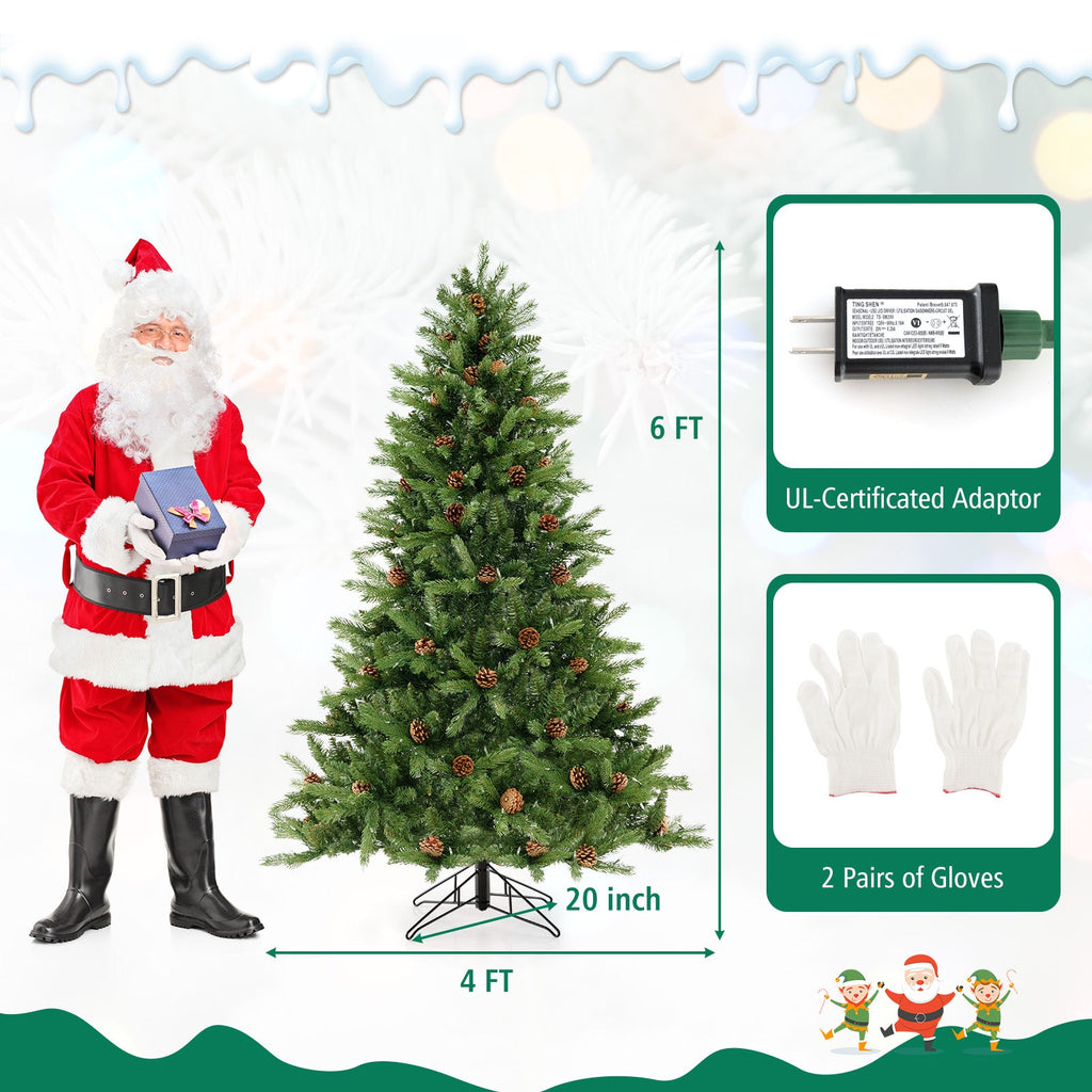 6/7 FT Artificial Christmas Tree with Pine Cones and Adjustable Brightness