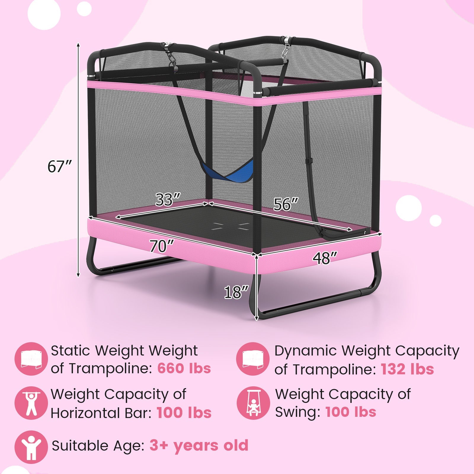 6 FT Kids Trampoline with Swing and Horizontal Bar Small Rectangle Trampoline