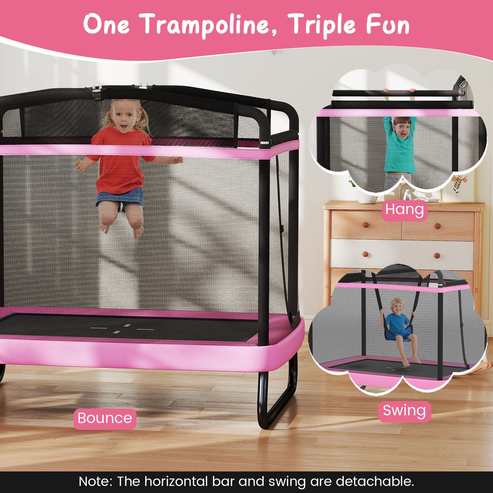 6 FT Kids Trampoline with Swing and Horizontal Bar Small Rectangle Trampoline