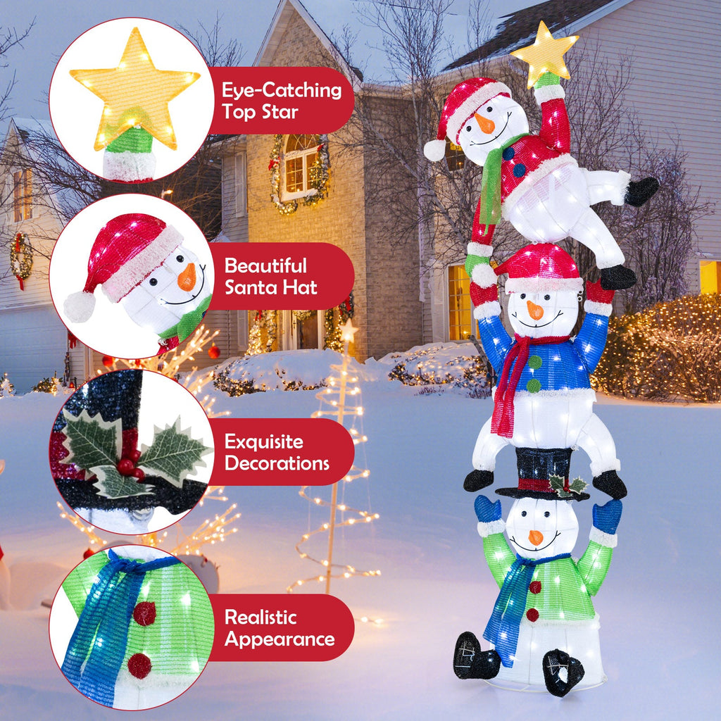 6 FT Pre-Lit Stacked Snowman Set with 155 LED Lights and Ground Stakes