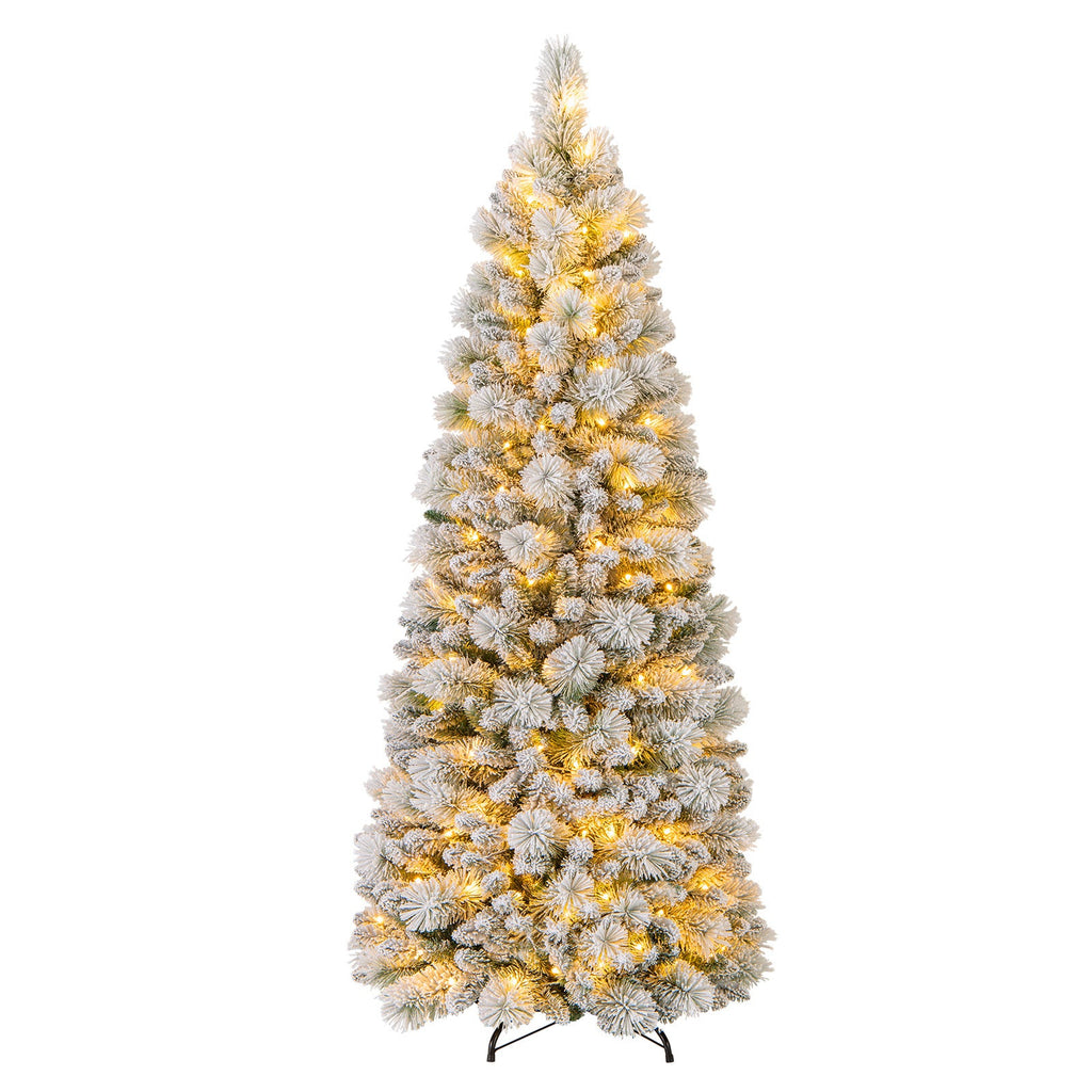 7 Feet Flocked Christmas Tree with Pine Needles and LED Lights