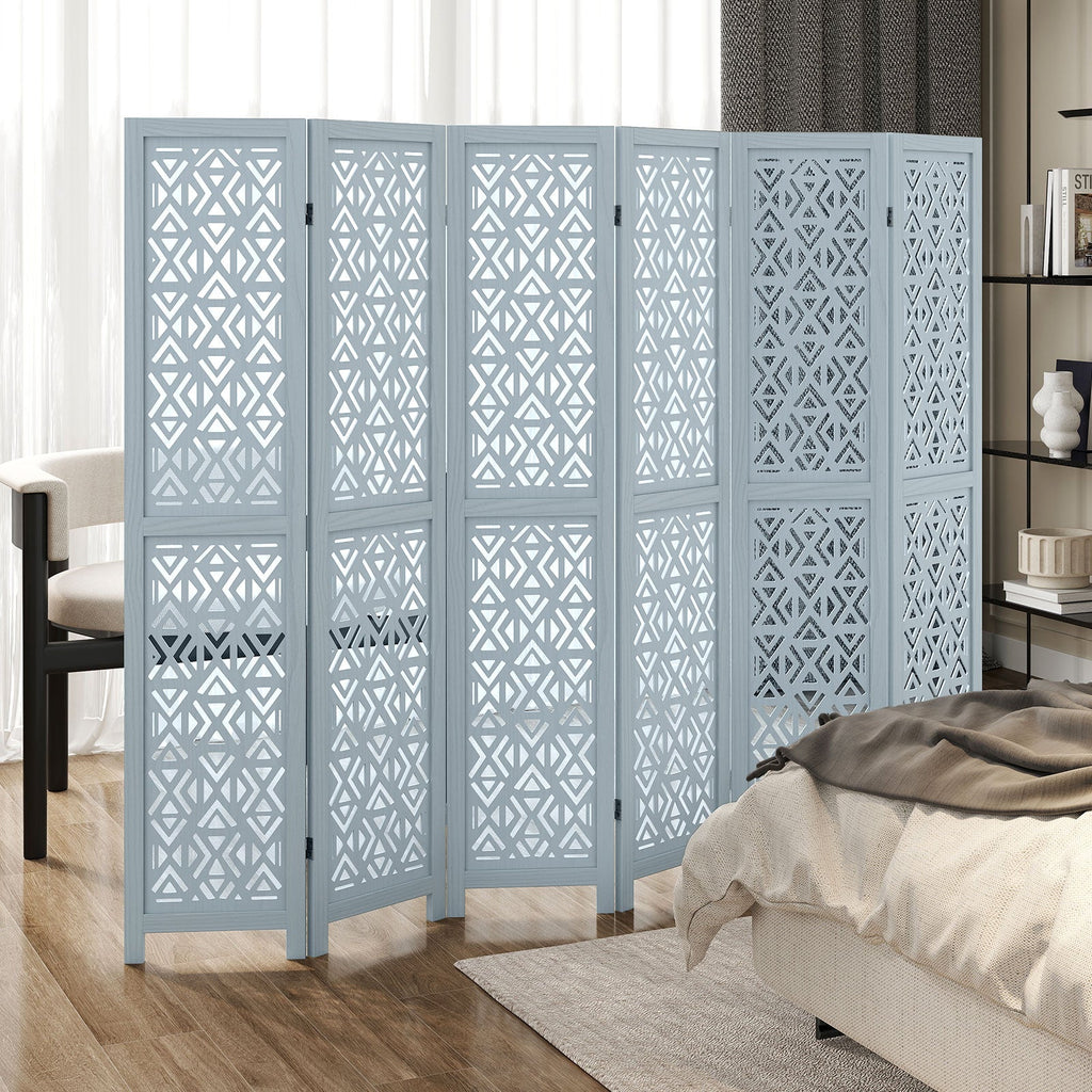 4/6 Panel Wooden Room Divider with Carved Cutout Pattern and Solid Wood Frame