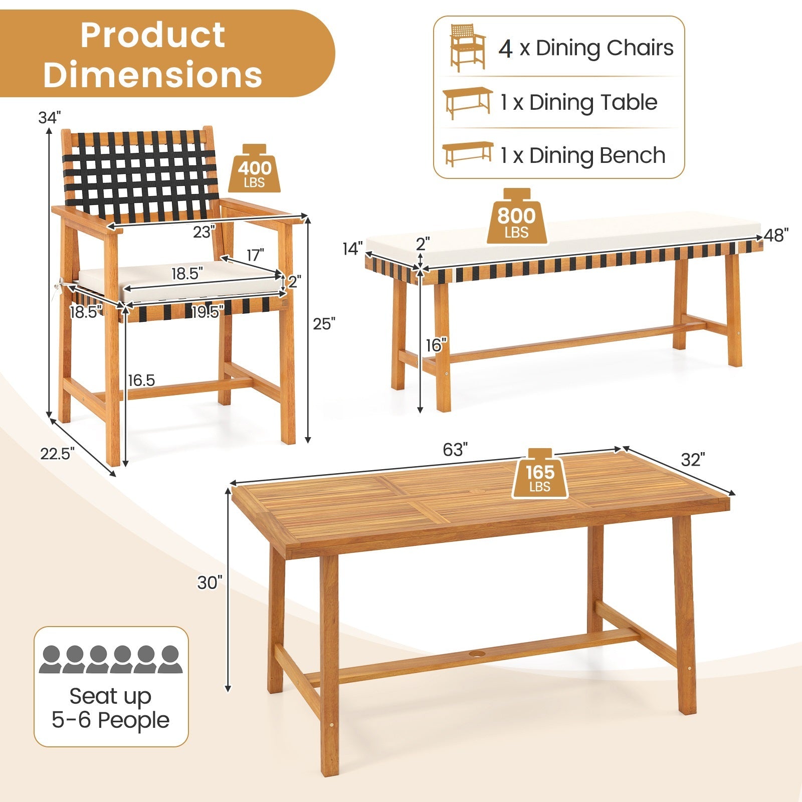 6-Piece Patio Dining Set for 5-6 People Farmhouse Furniture