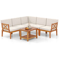 6 Pieces Acacia Wood Patio Furniture Set with Cushions and 2-Tier Coffee Table-White