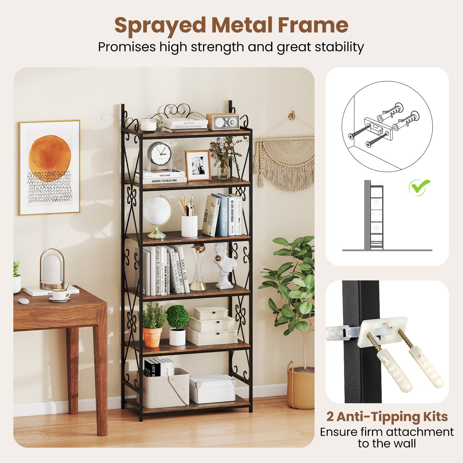 6-Tier Bookshelf Industrial Bookcase with 2 Anti-Tipping Kits and Metal Frame-Rustic Brown