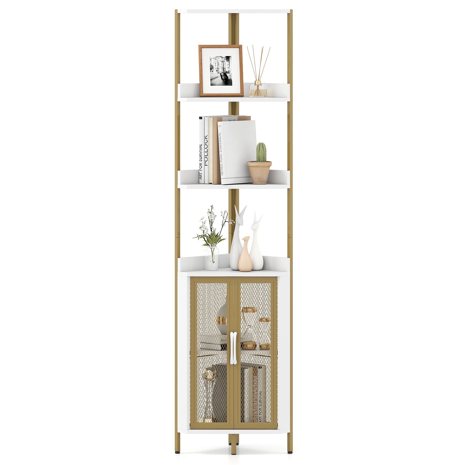 6-Tier Corner Shelf 67 Inches Tall Corner Bookshelf with Cabinet Industrial Bookcase