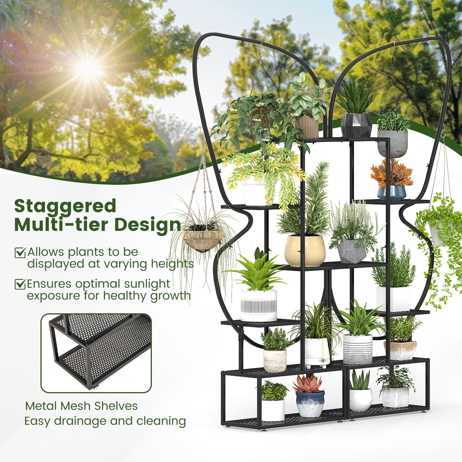 6-Tier Metal Plant Stand Ladder Display Rack with Hanging Hooks-Black