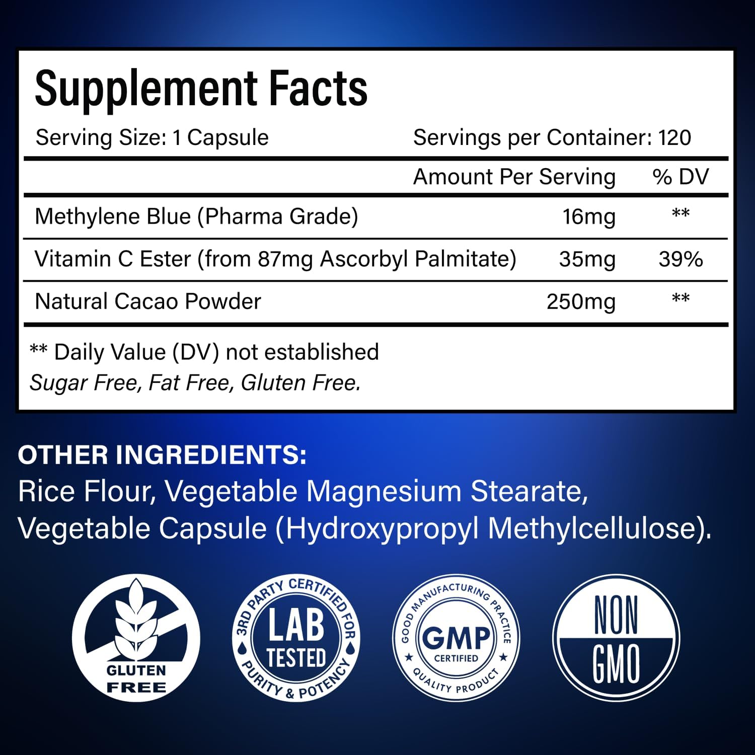 Methylene Blue Capsules - Natural Cacao and Vitamin C Ester for Added Support, Cognitive-Supplement