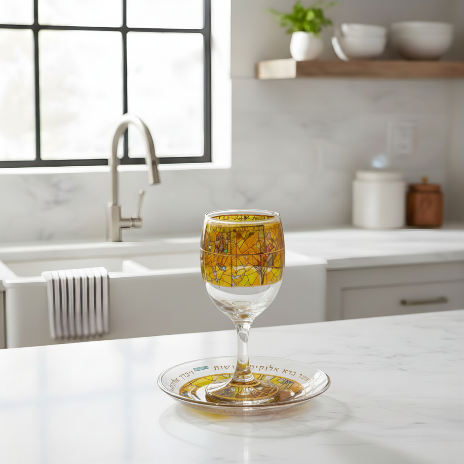Artistic Kiddush Cup with Laser Engraving and Matching Base – Chagall Glass Series