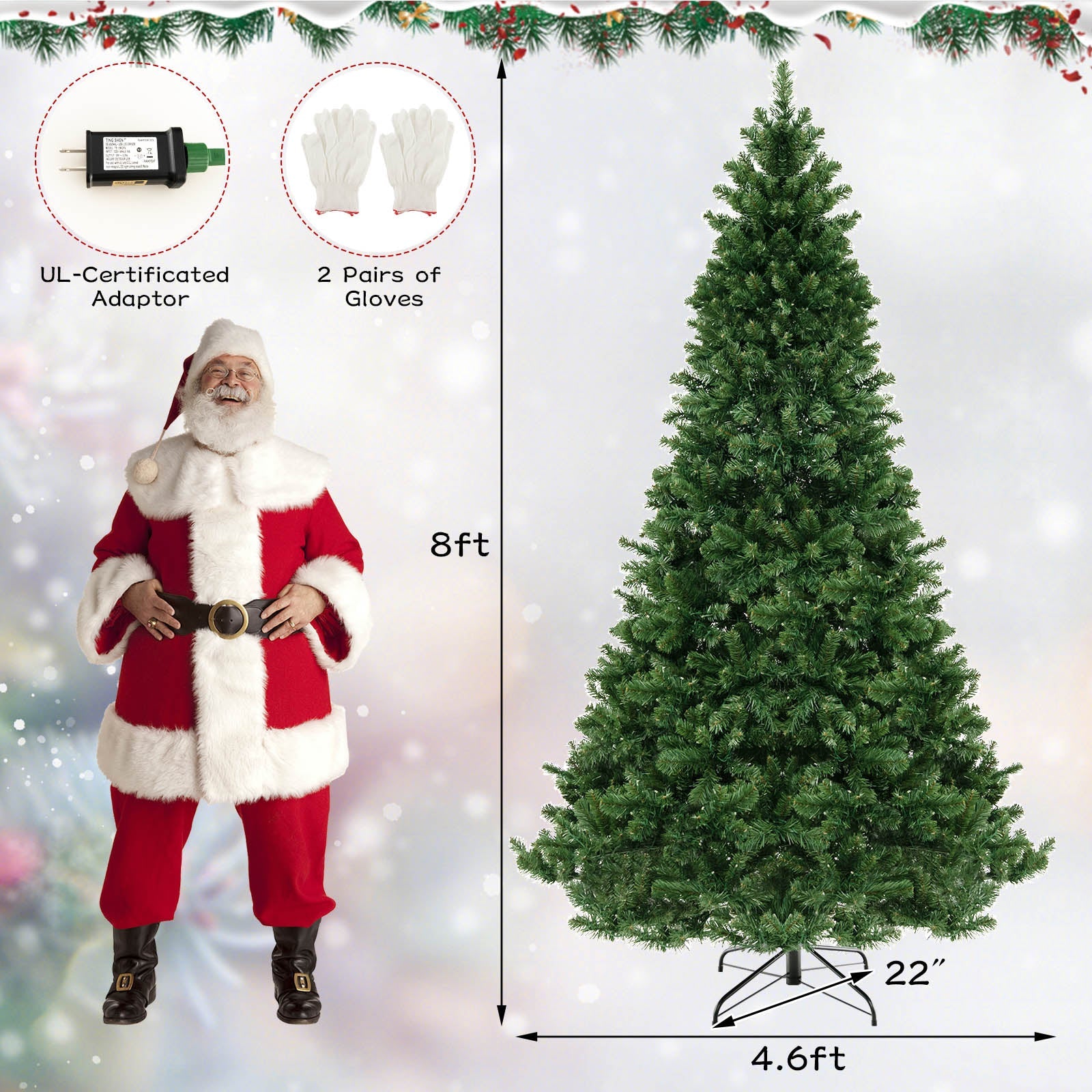 6/7/8 Feet Hinged Christmas Tree with PVC Branch Tips Warm White LED Lights