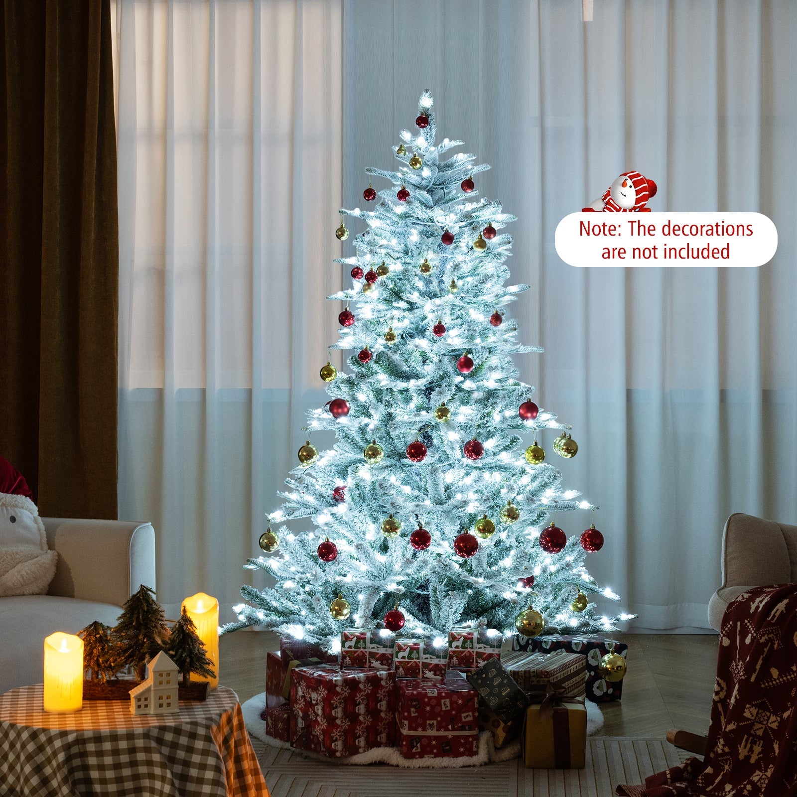 6 Feet Snow Flocked Artificial Christmas Tree with Cool White LED Lights