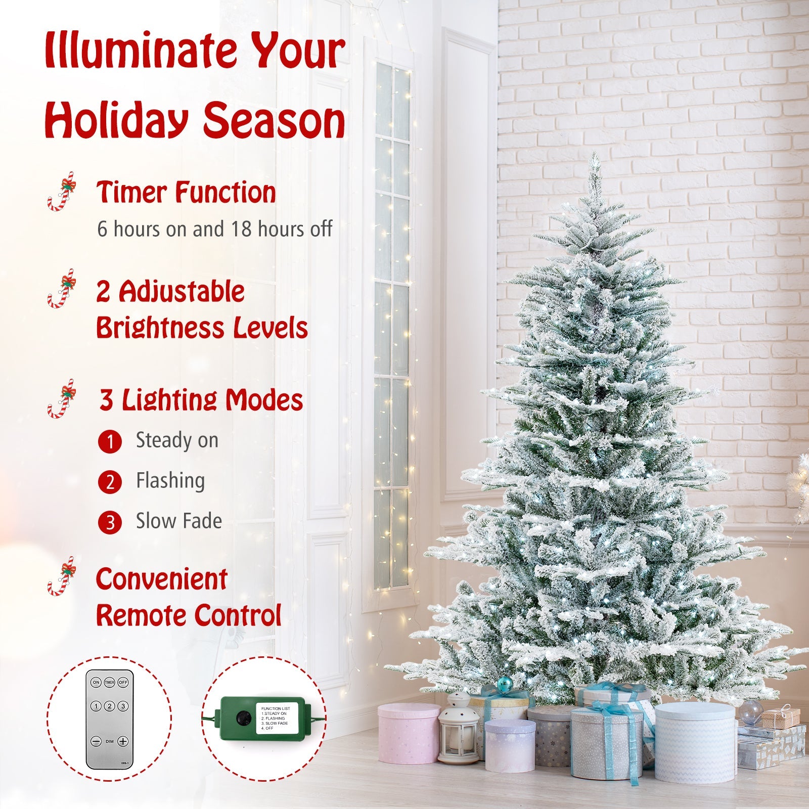 6 Feet Snow Flocked Artificial Christmas Tree with Cool White LED Lights