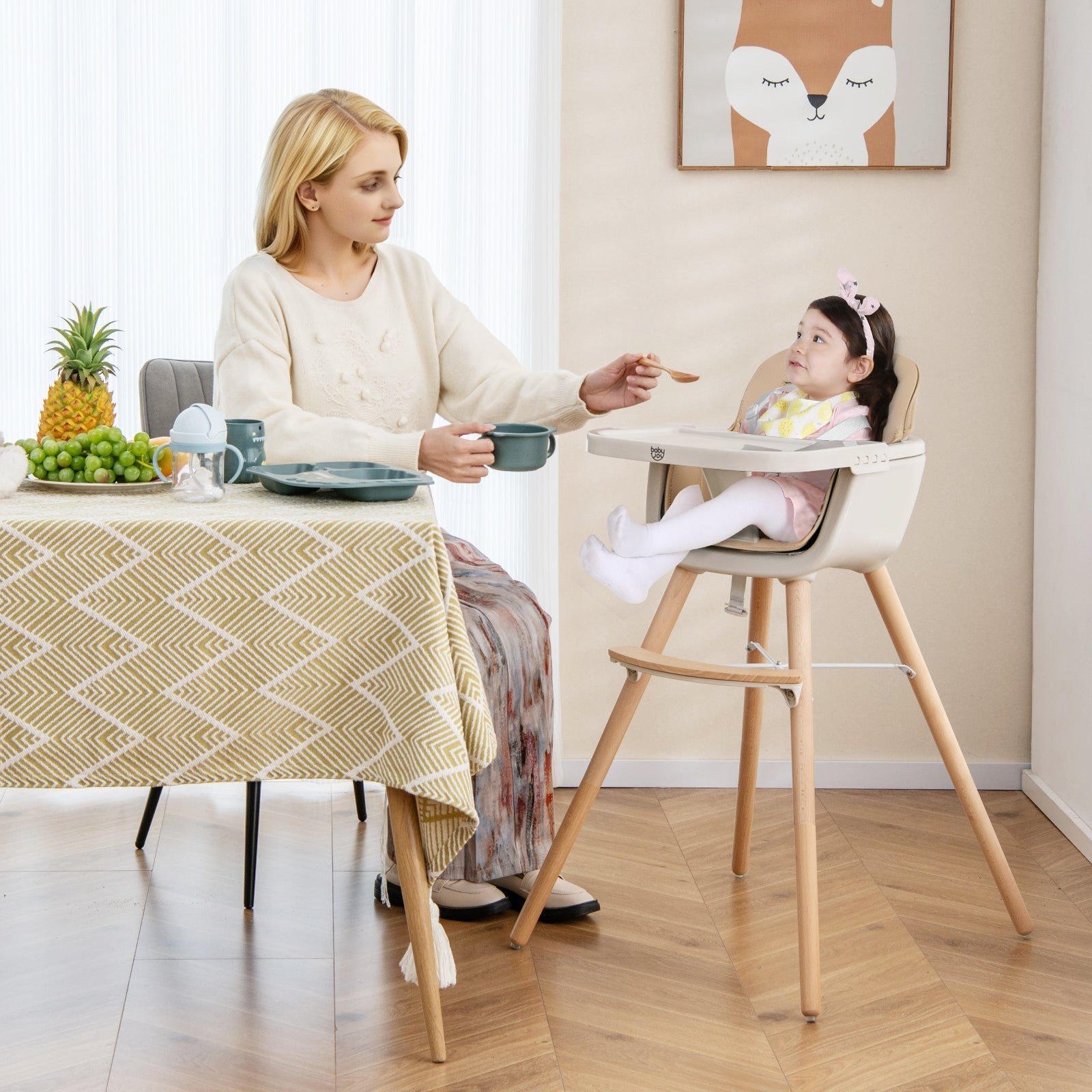 6-in-1 Convertible Wooden Highchair with Safety Harness and Adjustable Legs-Light Brown