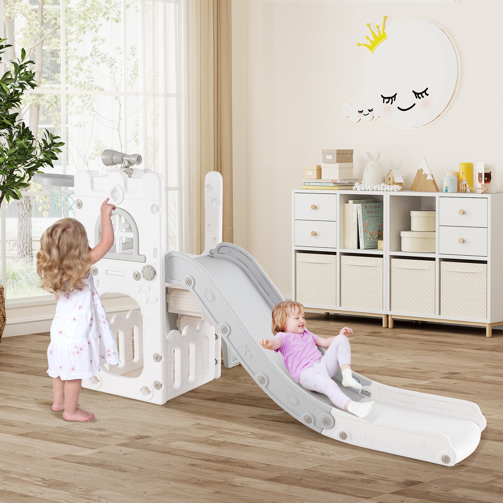 6-in-1 Toddler Slide L-shaped Playground with Basketball Hoop and Ladder