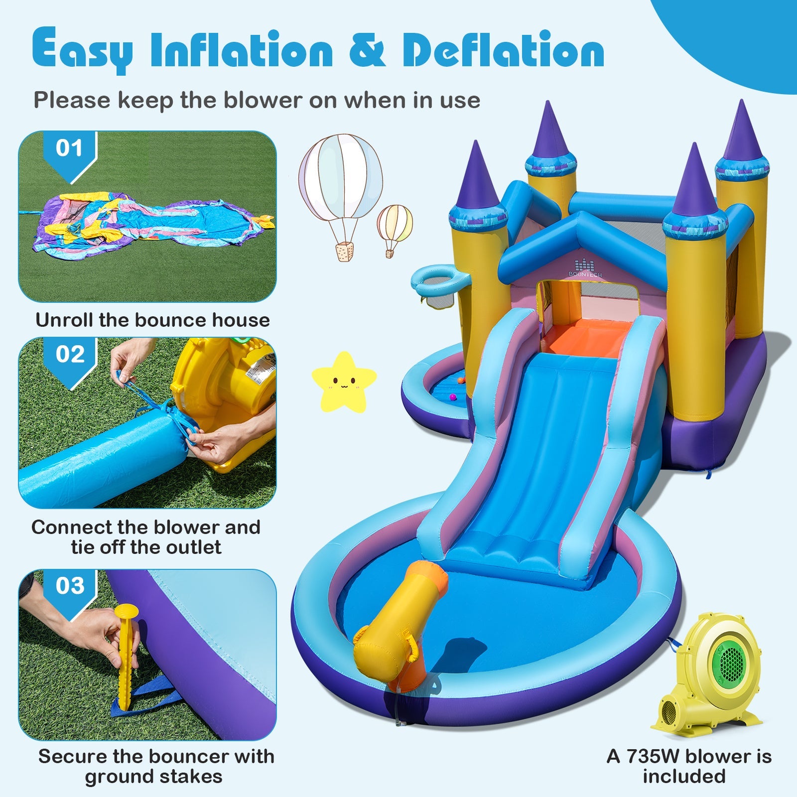 6-in-1 Inflatable Kids Water Park with 678W Blower