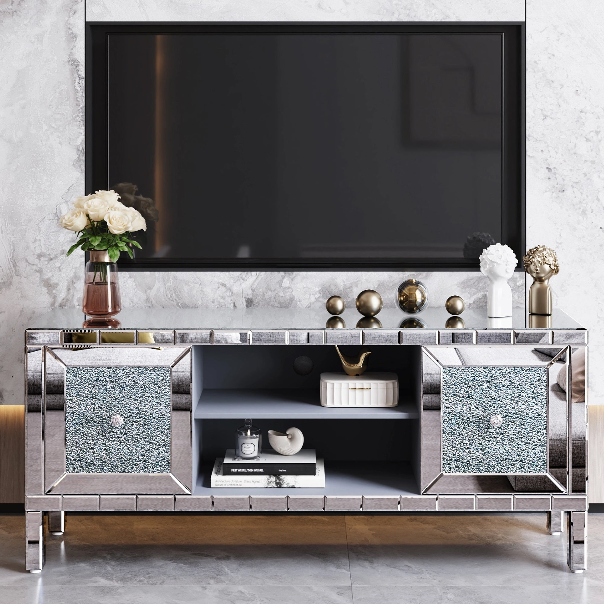 TV Stand Mirrored Crushed Diamond Glass Silver 59 In Fits 65 In TV