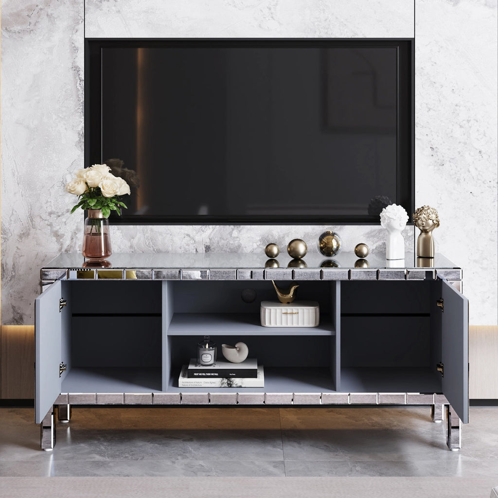TV Stand Mirrored Crushed Diamond Glass Silver 59 In Fits 65 In TV