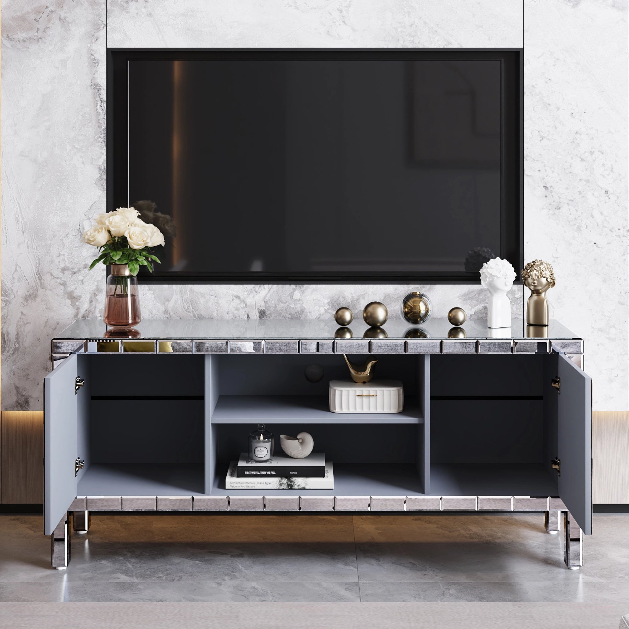 TV Stand Mirrored Crushed Diamond Glass Silver 59 In Fits 65 In TV