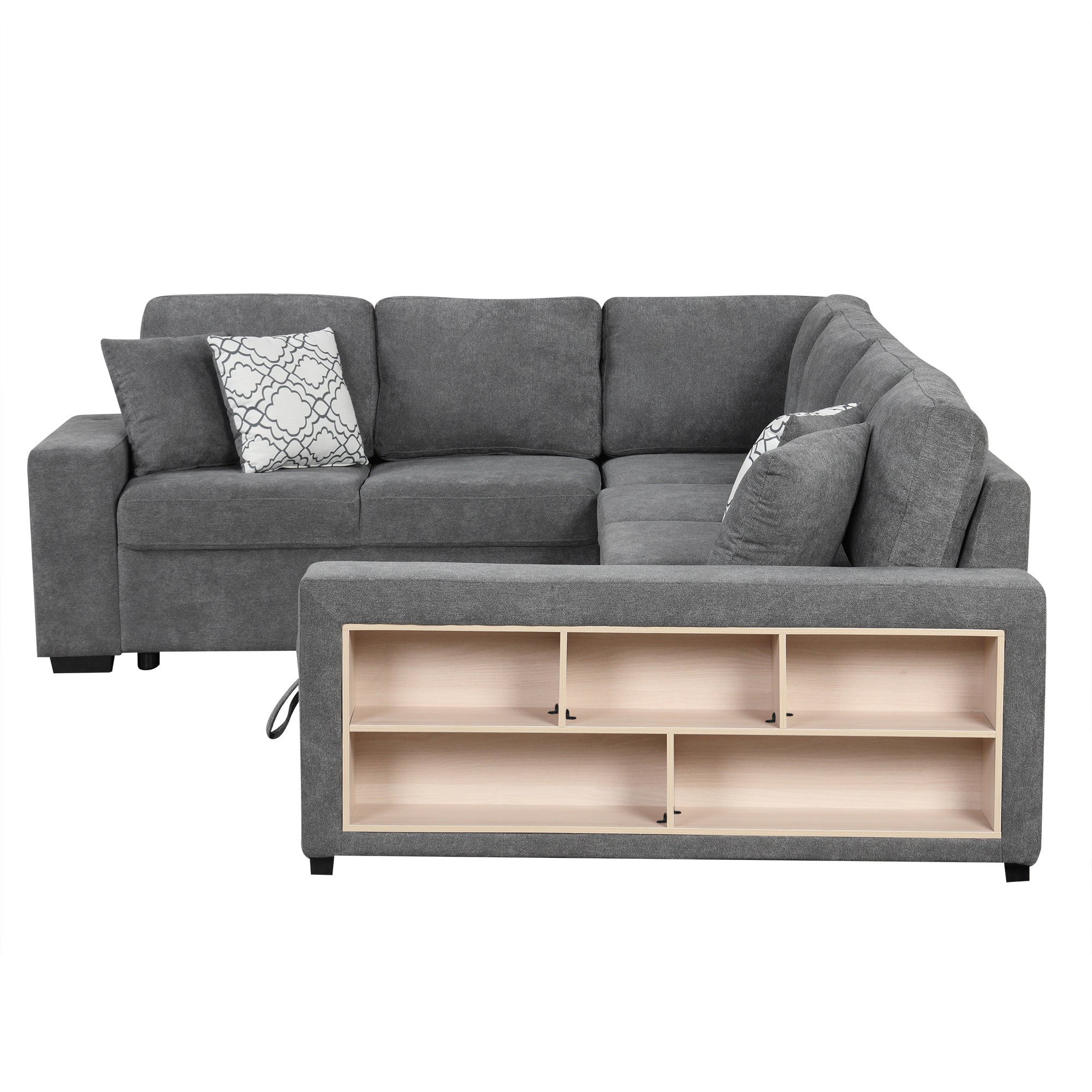Sectional Sofa U-Shape Chenille Gray 5 Seat USB Ports Pull-Out 109 In