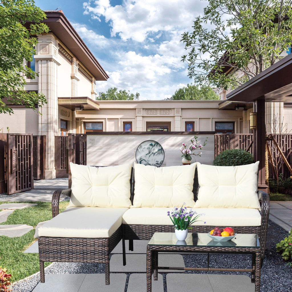 Outdoor Sectional Set PE Rattan Steel Brown Beige Cushion 3 Piece 560 LB