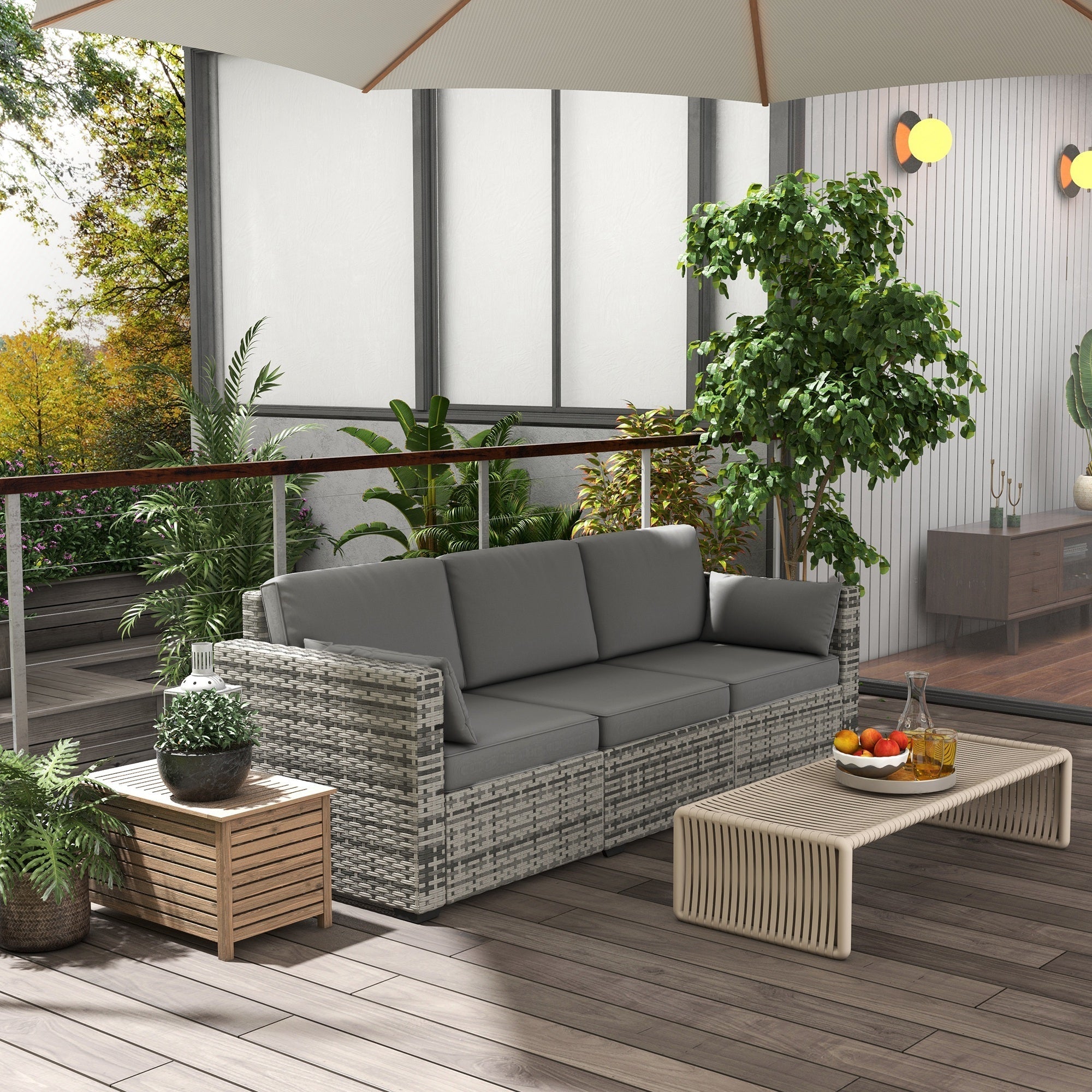 Outdoor Sofa Set PE Rattan Gray 3 Seat Steel Frame 792 lb Capacity
