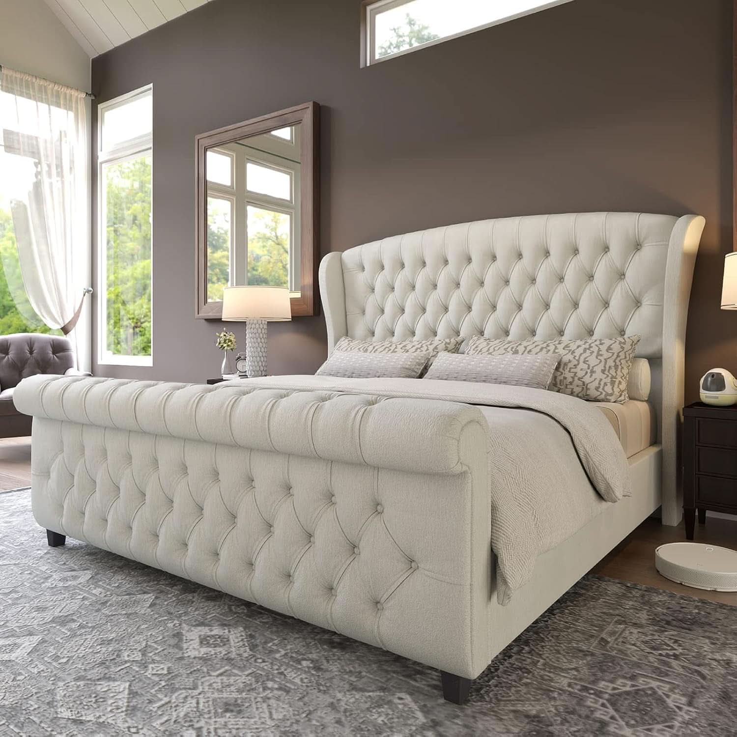 Queen Size Chenille Upholstered Sleigh Platform Bed with Button Tufted Headboard