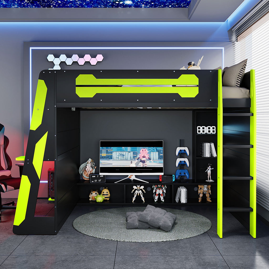 Full Size Wood Loft Bed with Desk, Multi-storage Shelves and RGB Light, Green