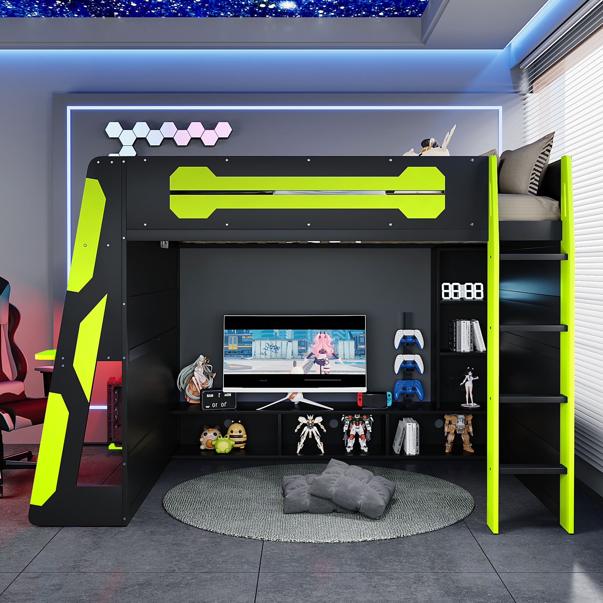 Full Size Wood Loft Bed with Desk, Multi-storage Shelves and RGB Light, Green