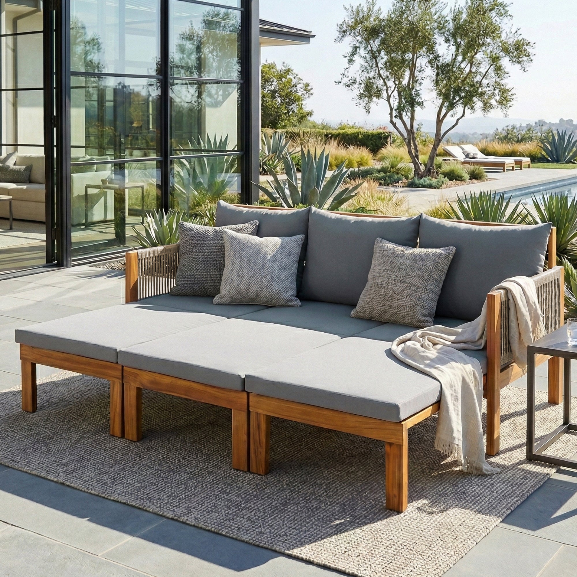 Chaise Lounge Acacia Wood Rope Natural Gray Cushion Convertible 3 Seat