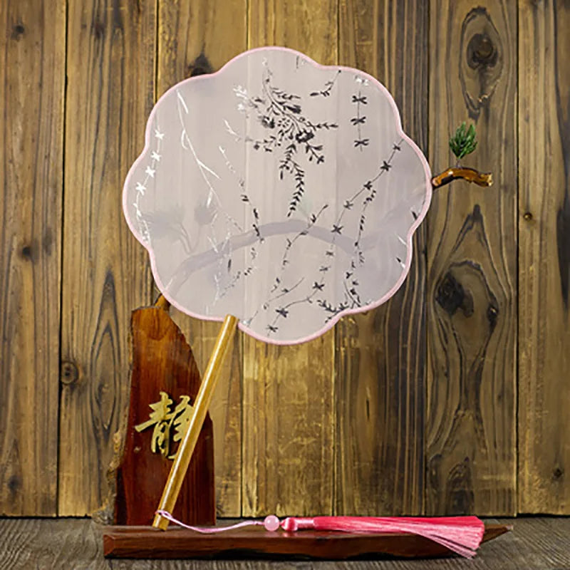 Translucent Silk Chinese Round Hand Fan with Floral Pattern