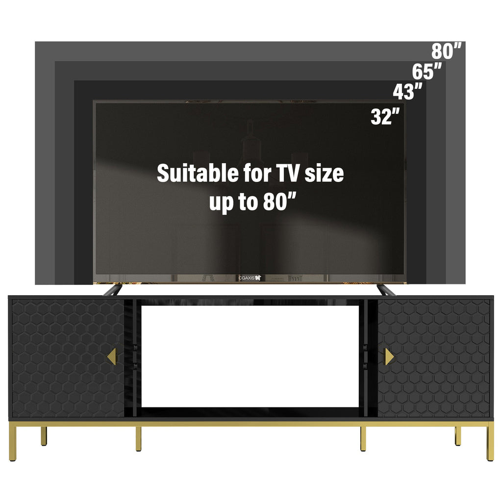 TV Stand Fireplace Space MDF Black Honeycomb Door Gold Legs 80 LB 70 In