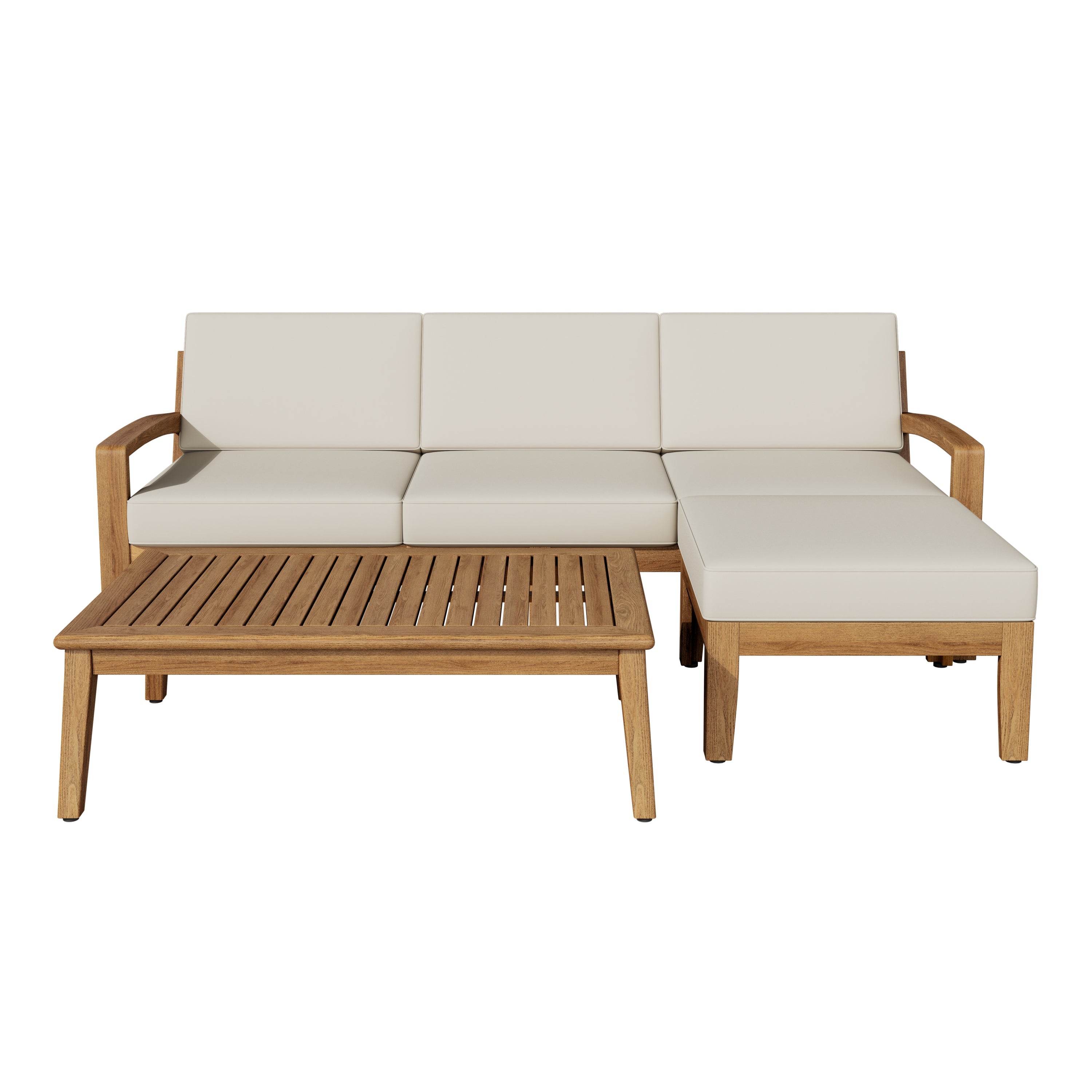 Outdoor Patio Set L-Shape Acacia Wood Teak Beige Cushions 3 Piece