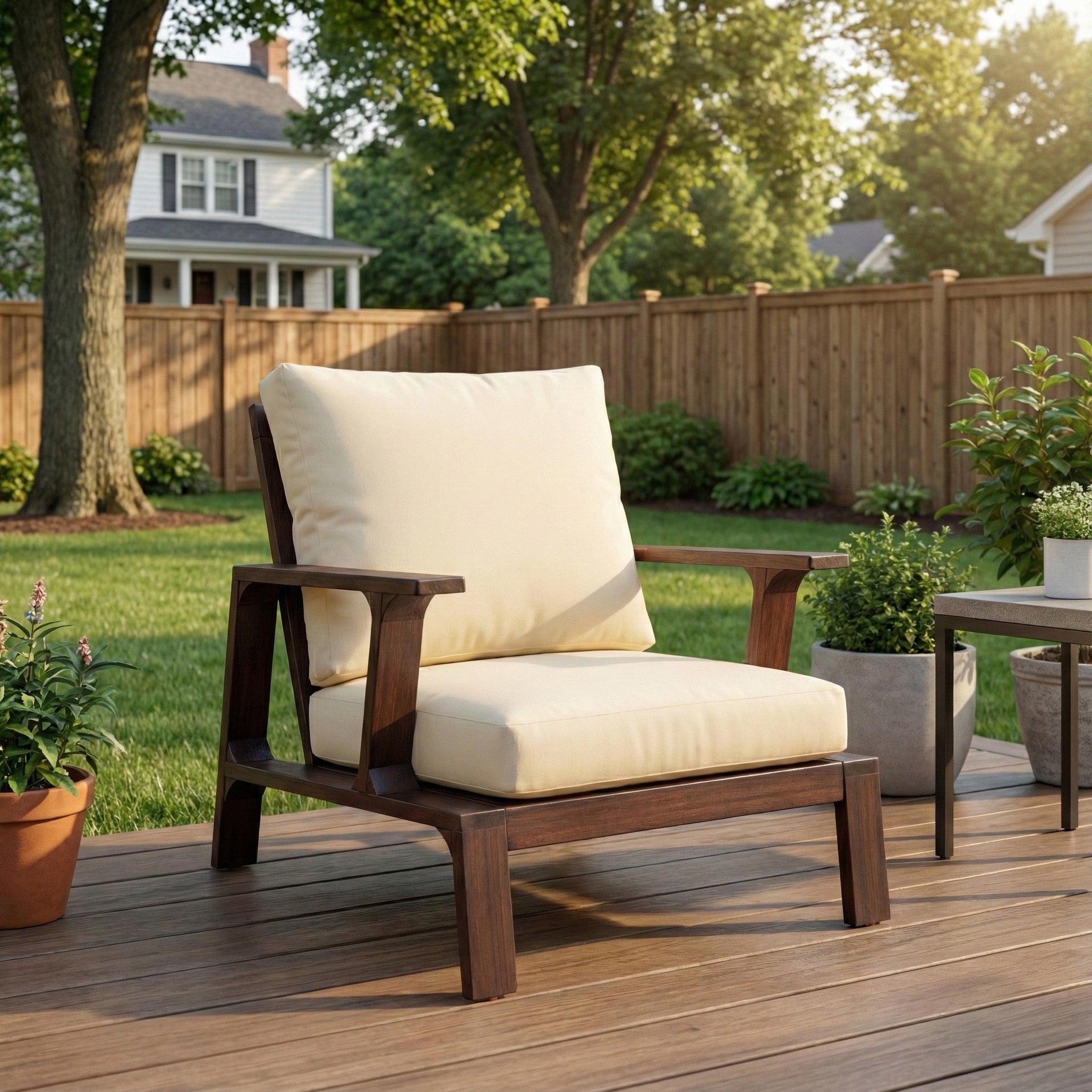 Outdoor Accent Chair Acacia Wood Dark Brown Beige Cushion 27.6in