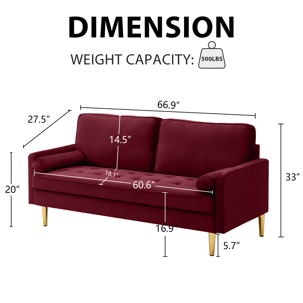 Sofa Minimalist Velvet Red Gold Metal Legs 2 Seat 65 In 800 LB
