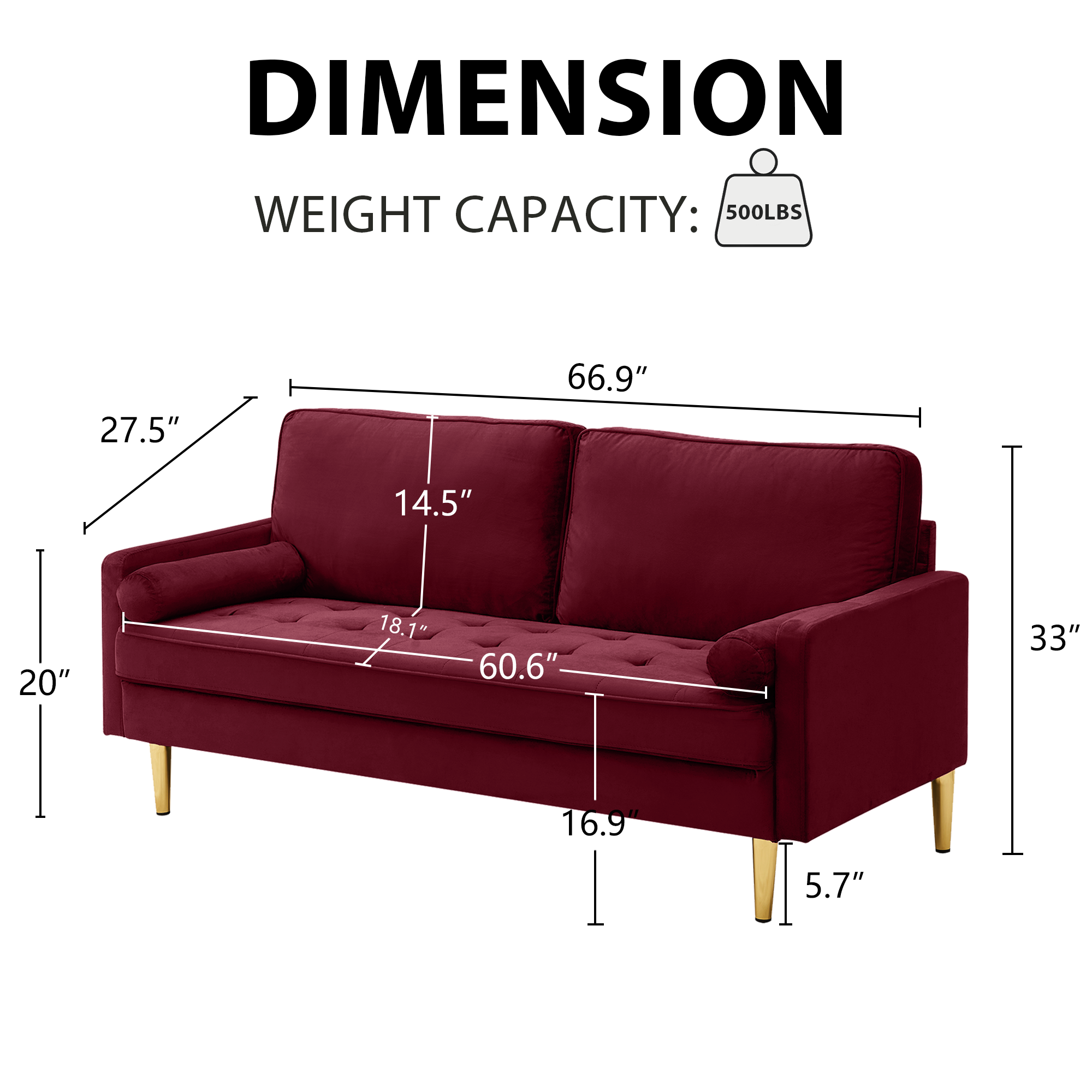 Sofa Minimalist Velvet Red Gold Metal Legs 2 Seat 65 In 800 LB