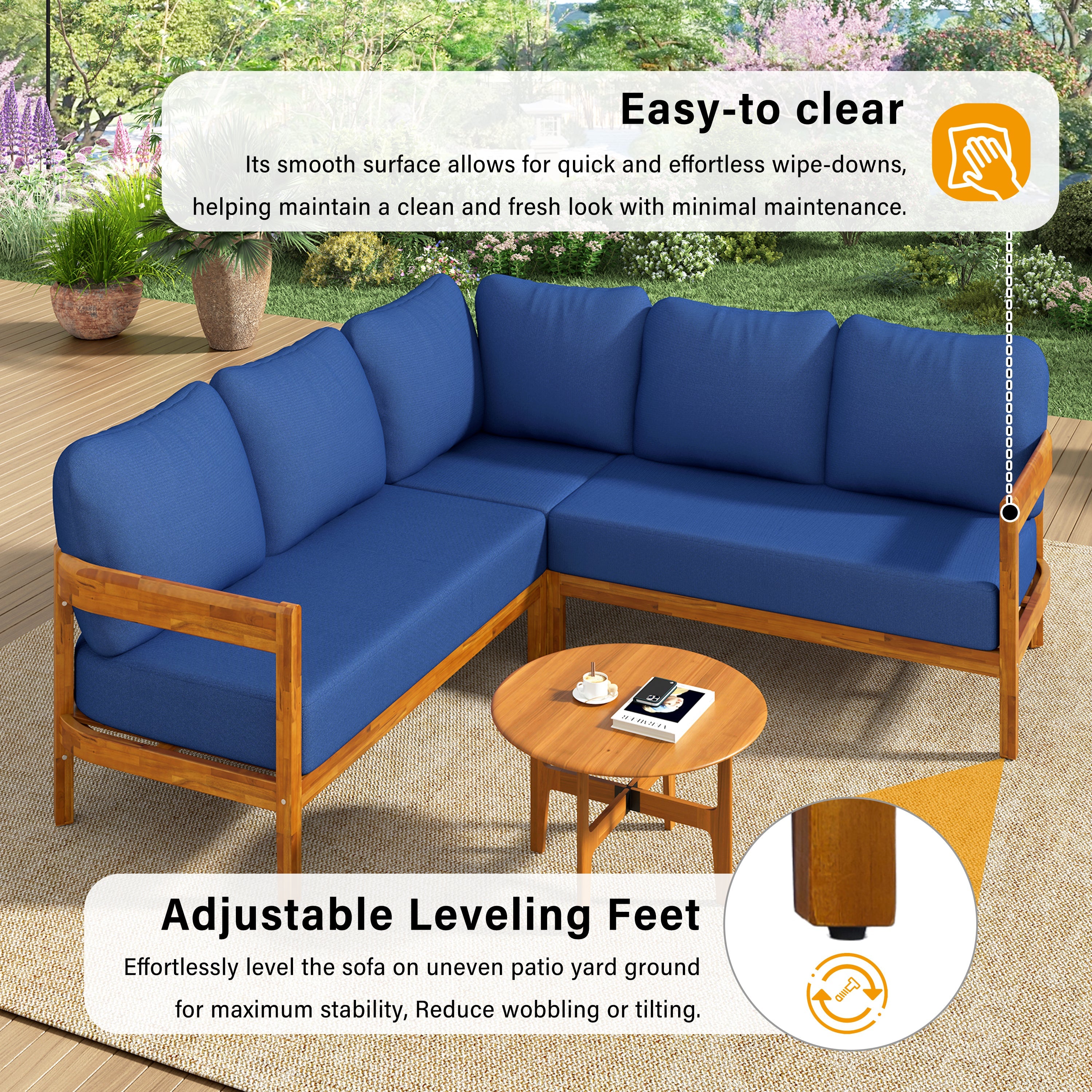 Outdoor Sofa Set Acacia Wood Arc Frame Blue Cushions L-Shape 6 Piece