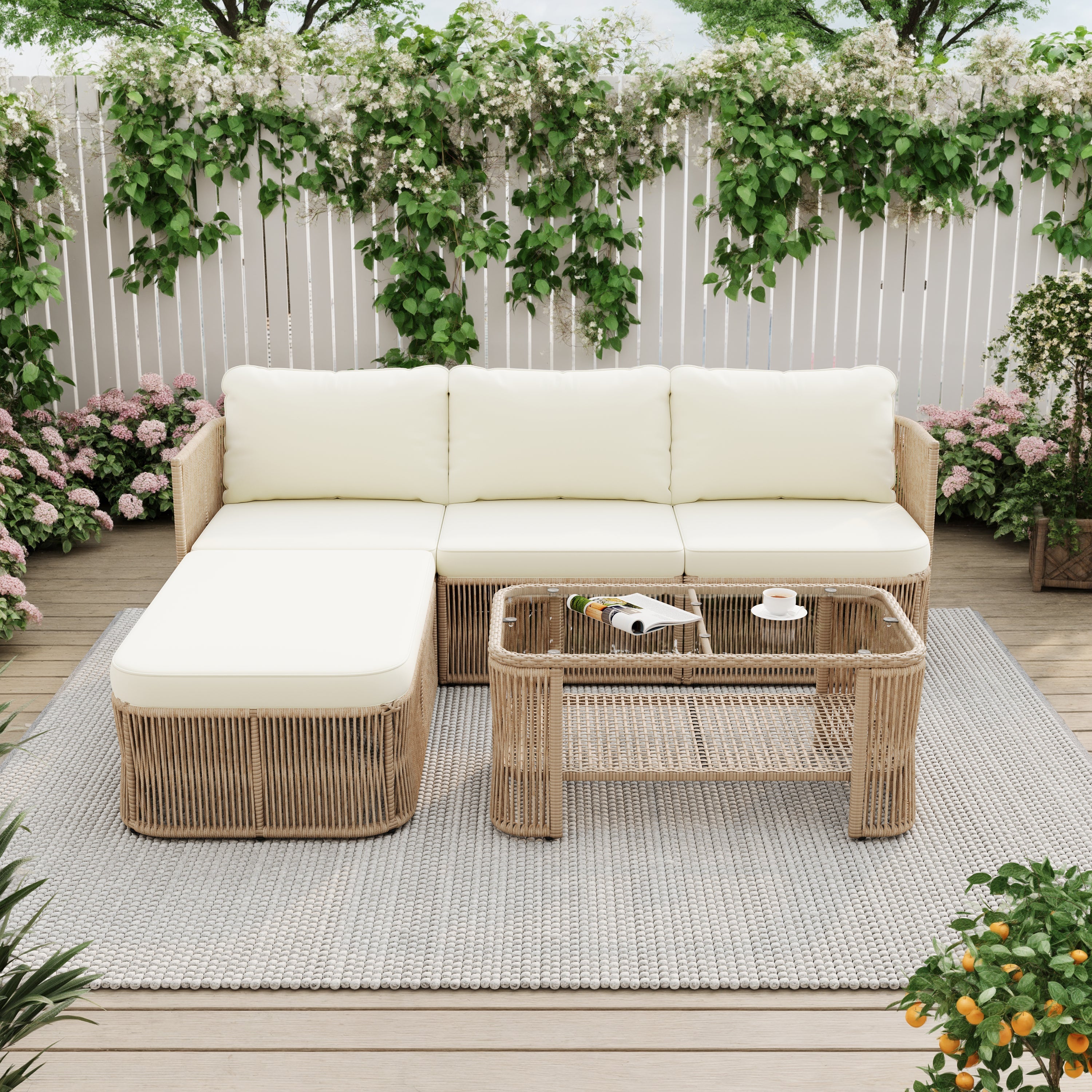 Outdoor Patio Set PE Rattan Iron Dark Beige Modular Glass Table