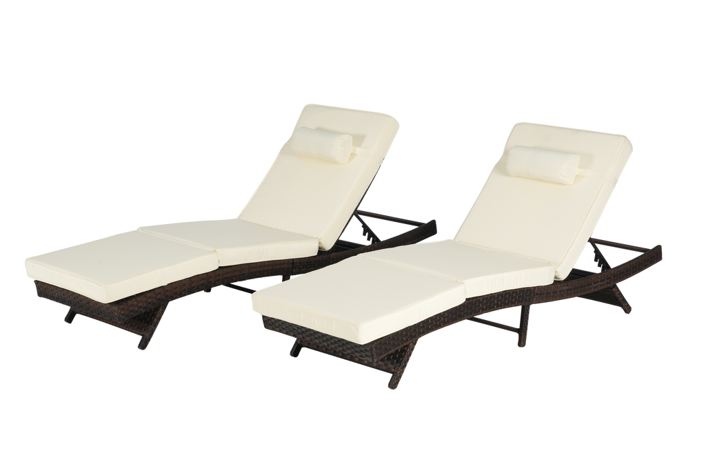 Outdoor Reclining Lounge Chair Wicker Khaki Set of 2 150 Degree 600 LB