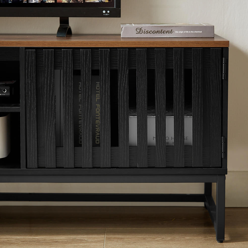 TV Stand Mid-Century Black MDF Slatted Grille Doors 4-Shelf Fits 60 In TV